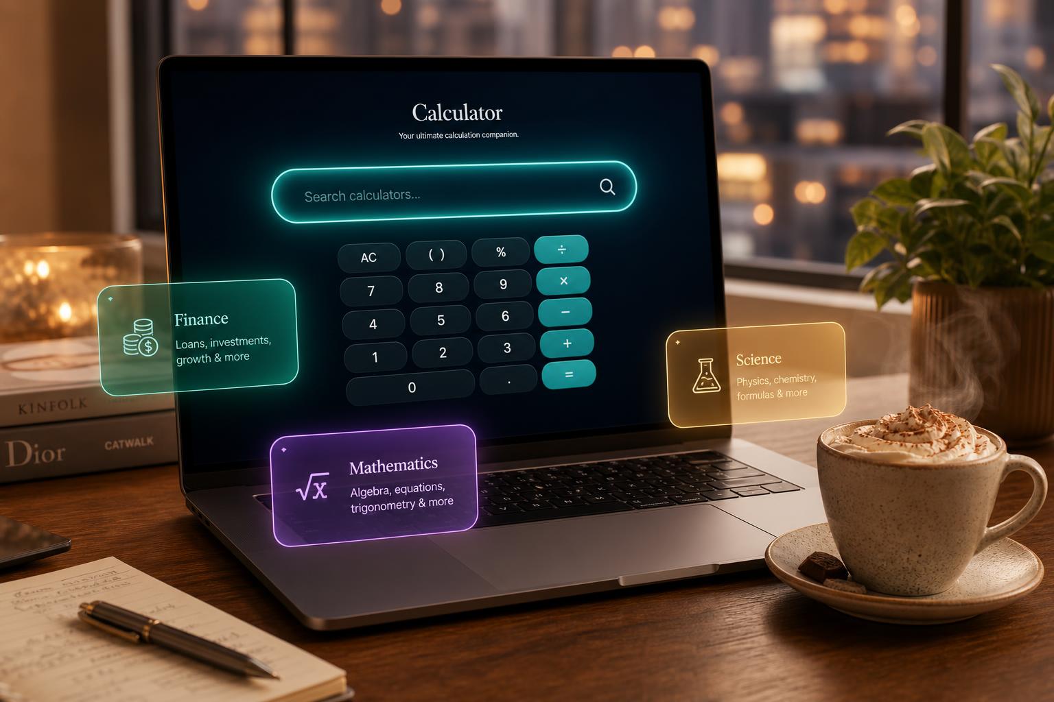 A premium calculator on a cozy desk with a cup of hot chocolate, surrounded by glowing Finance, Science, Health and Math category panels